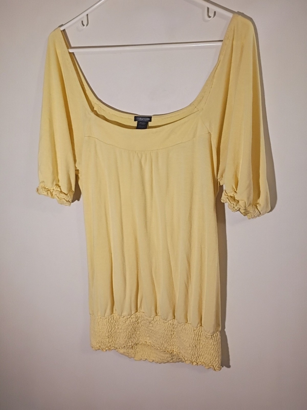 Womens Maurices Size Medium Yellow Puff Sleeve Scoop Neck Blouse Elastic Waist